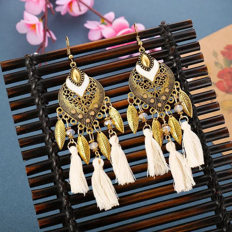 

Vintage Bohemian Ethnic Long Tassel Earrings for Women Antique Gold Leaf Hanging Earrings Jewelry Boho Statement Drop Earings