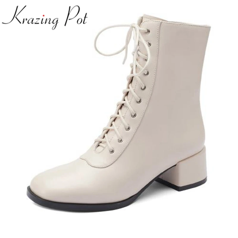 

Krazing Pot sheep leather round toe winter Chelsea boots med heels large size 42 British school career office lady ankle boots