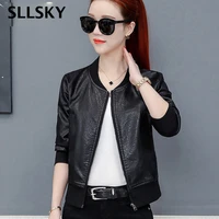 sllsky 2021 new pu leather jacket women black color mandarin collar zippers short female faux leather jackets high quality