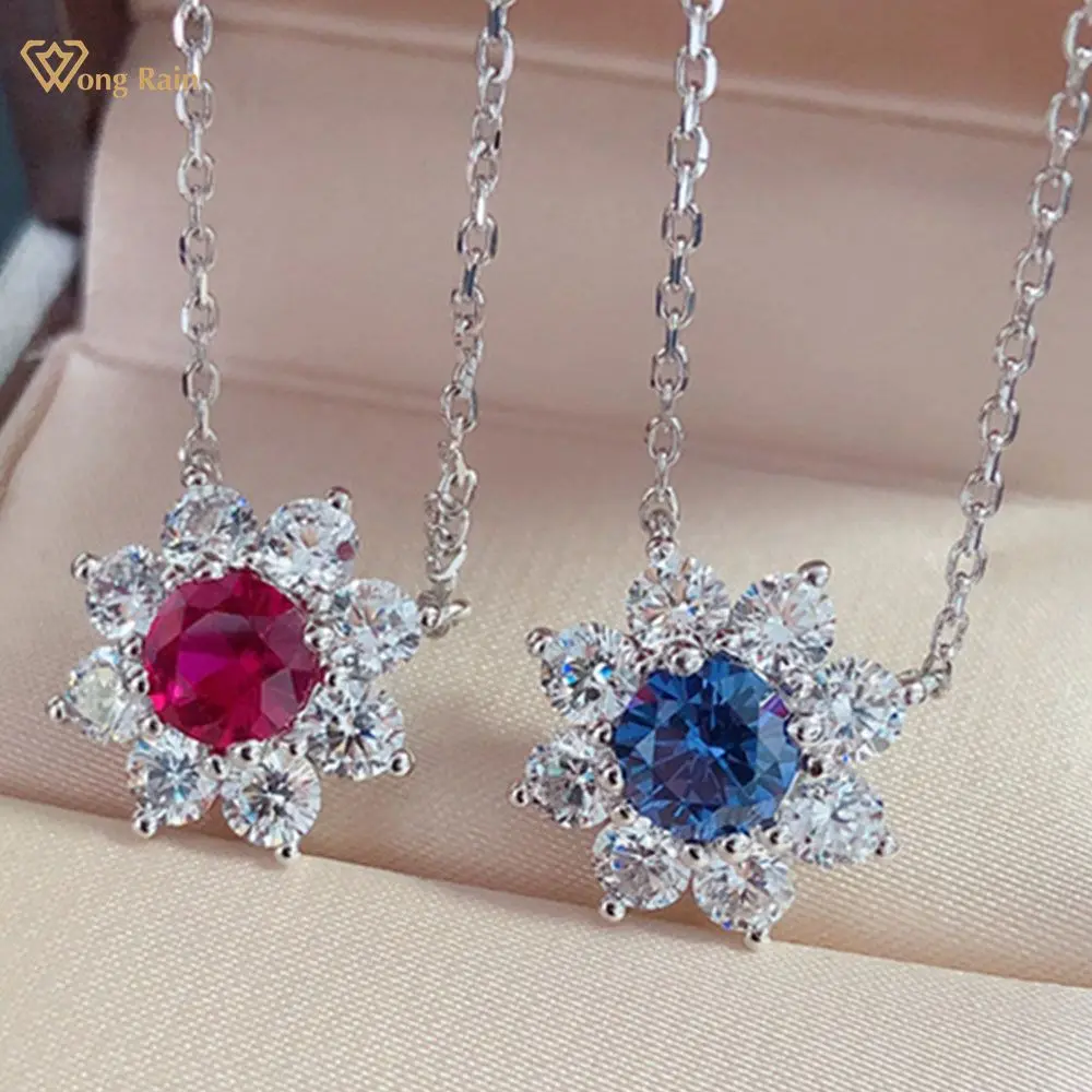 

Wong Rain 925 Sterling Silver Flowers Ruby Sapphire Created Moissanite Gemstone Party Chain Pendant Necklace Fine Jewelry Gift
