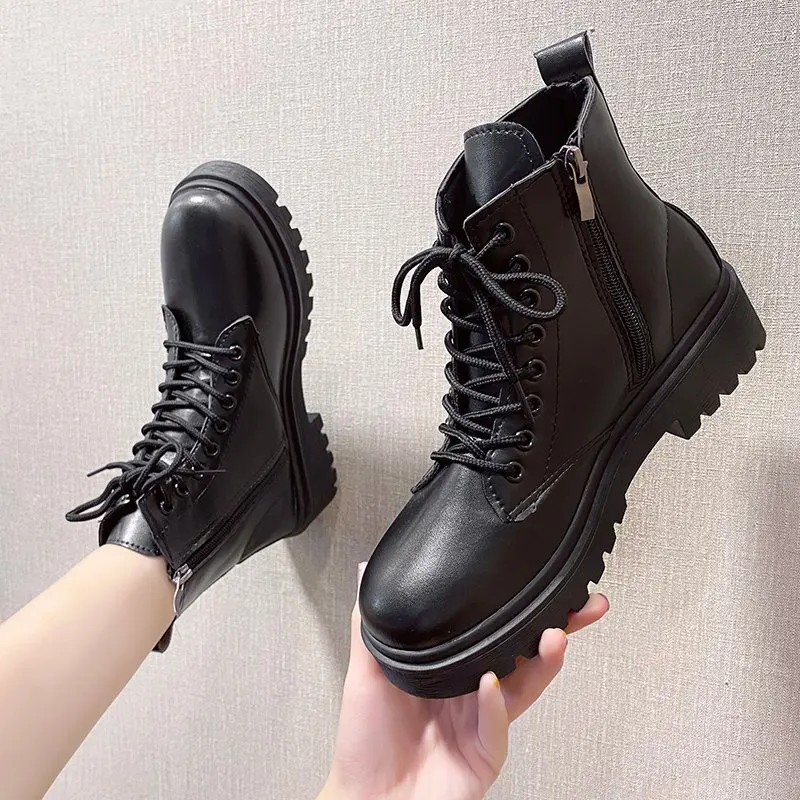 

Women's Boots Leather Platform Boots Black Martin Boots Lace-up Ankle Boots Motorcycle Thick Heel Platform High Heels