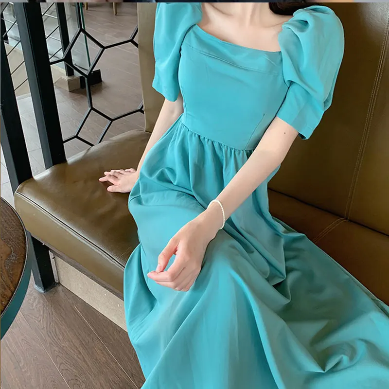 

Fashion Puff Sleeve Slash Neck Backless Dress Women 2021 Summer Elagant Bow Sashes Casual Tunic Beach Dresses