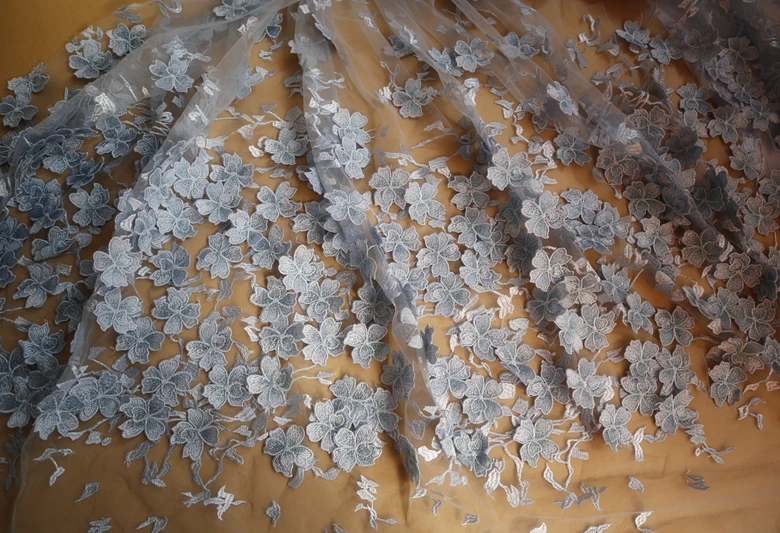 Светло голубая кружевная ткань с 3D цветами вышивкой для невесты свадьбы высокой