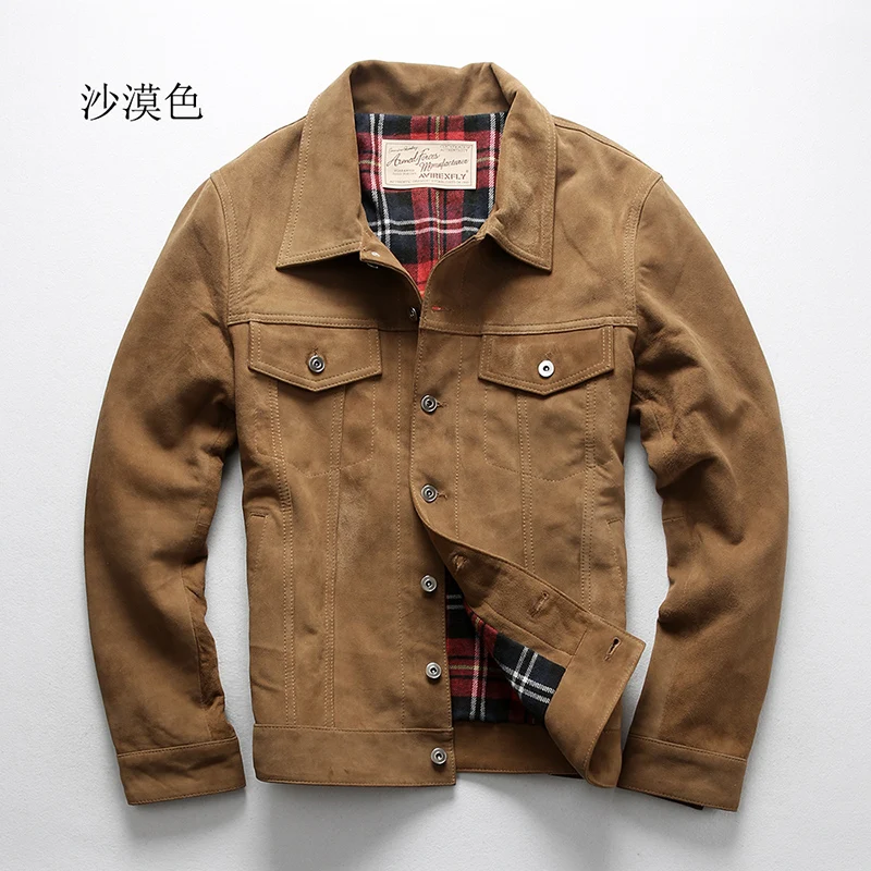 AVFLY New Men Genuine Sheepskin leather jacket Fashion Spring/Autumn Single-breasted Suede sheepskin denim jacket Free Shipping