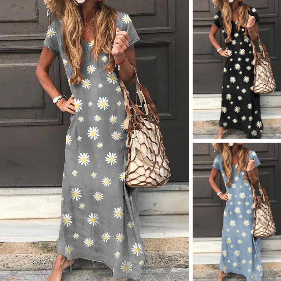 

Daisy Print Women Long Dress 2020 Casual Summer Short Sleeve Beach Sundress Sexy Lady Maxi Party Dress Vestidos