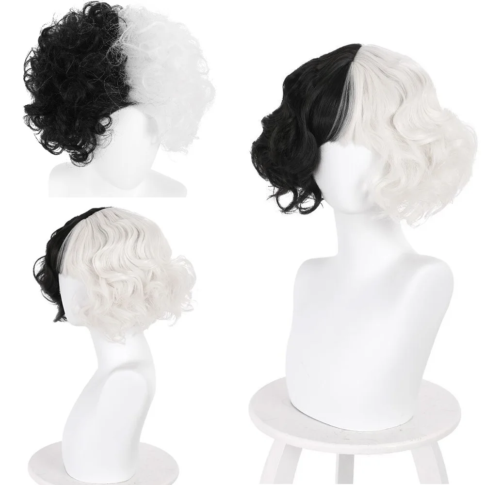 

Evil Women Half Black Half White Wig Bad Girl Short Black White Curly Hair Wigs Headwear Demon Cosplay Props 2 Types
