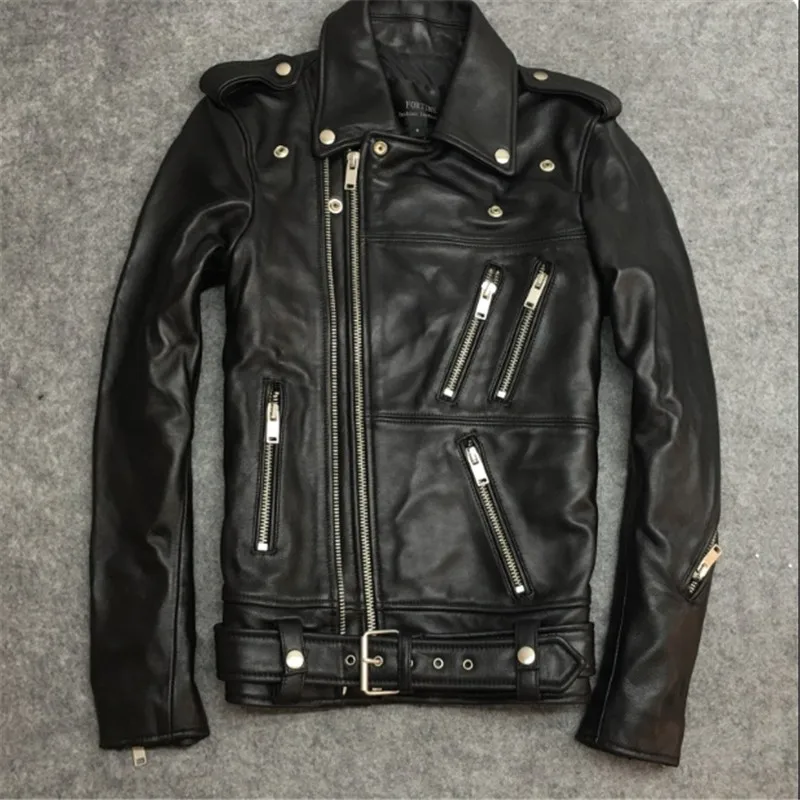 

New Fashion Men's Genuine Leather Jacket Sheepskin Coat Factory Real Leather Garment Short Male Outwear With Belt Motorbycle