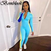 bomblook casual fashion jumpsuits autumn female 2021 traf stand collar zippers patchwork long sleeve jumpsuits women streetwears