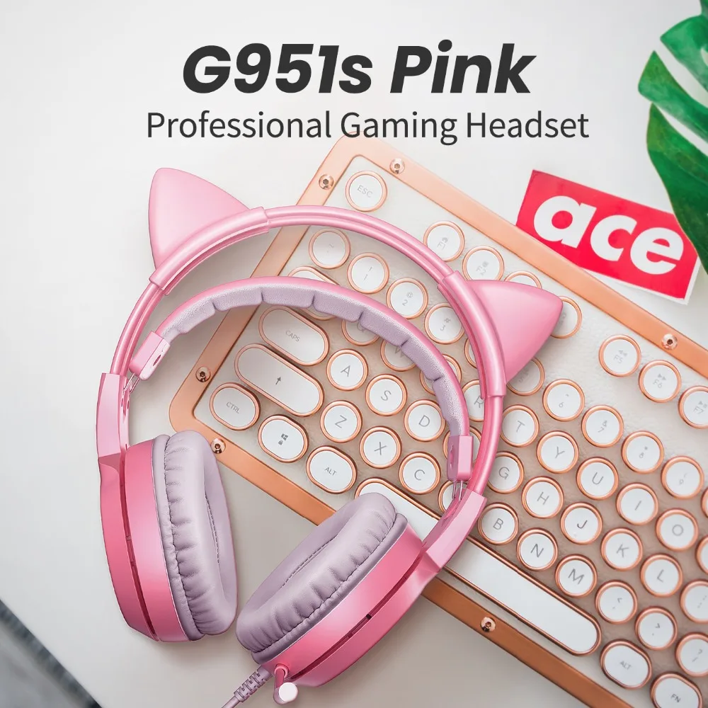 Satin Al SOMIC Kablolu Kulaklık Oyun Pembe Kedi Kulak Kulaklık Sevimli PS4 Telefon PC Için Mikrofon Ile 3.5mm Oyun Telefon PS4 Kulak üzerinde Oyun G951s Pembe