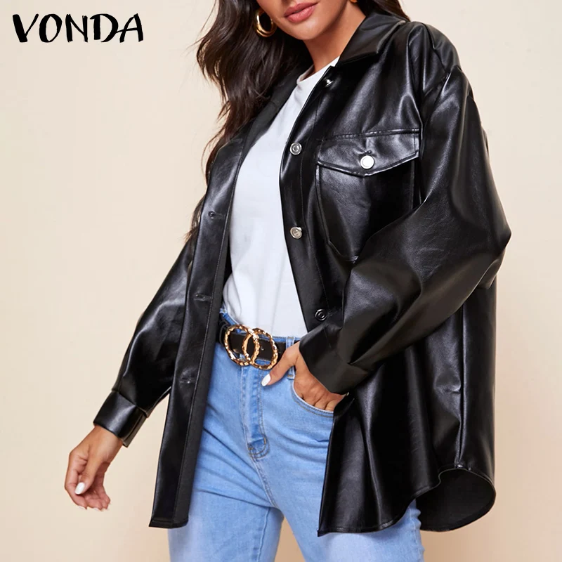 

VONDA Женская коллекция 2021 года, элегантные Куртки из искусственной кожи на весну и осень, пальто на пуговицах с отворотами, верхняя одежда с д...