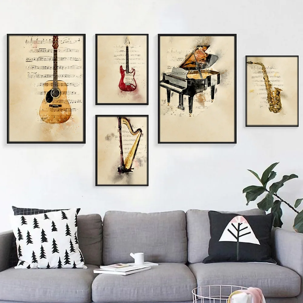 

Vintage Style Musical Instrument Poster Piano Print Canvas Wall Art Painting Music Note Nordic Home Decoration Picture