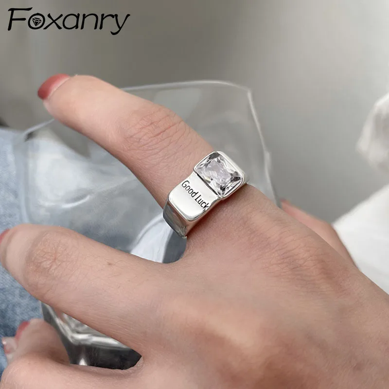 

FOXANRY 925 Sterling Silver Wide Rings for Women INS Fashion Vintage Simple Sparkling Zircon Good Luck Geometric Party Jewelry