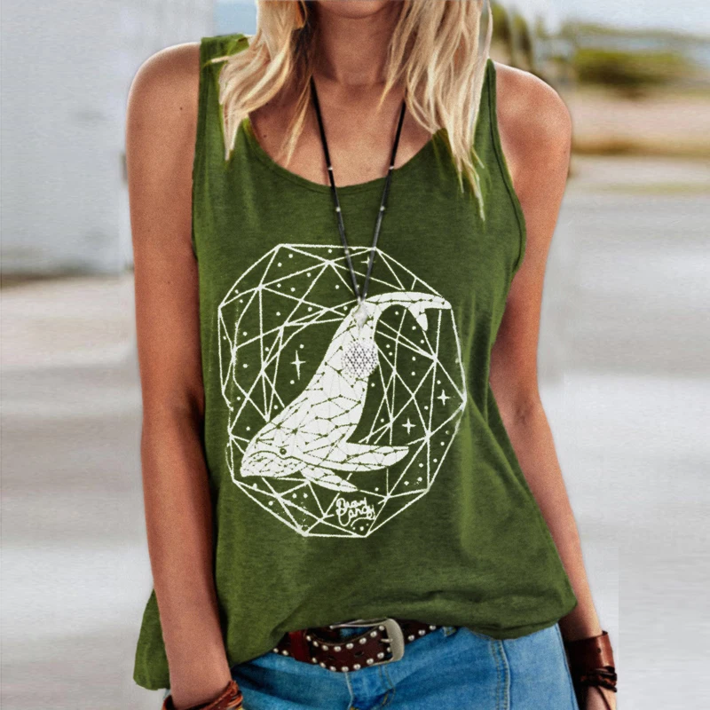

2021 New Summer Fashion Womens Tops Clothes Tank Tops Round Neck Animal Print Loose Tank T-shirt Gray Green Black S-3XL Comfort