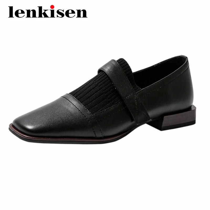 

Lenkisen large size korean girls natural leather knitting square toe low heel hook loop convenient all-match women pumps L5f1