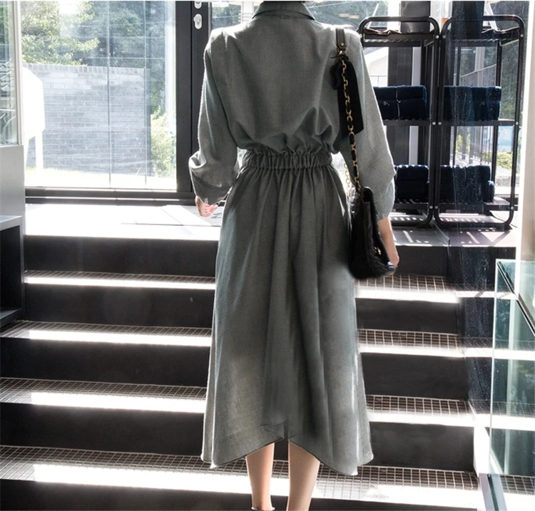 

New 2020 Spring Autumn Women Dresses Fashionable Notched High Waist Checkered Irregular Three Quarter Dress DR0787