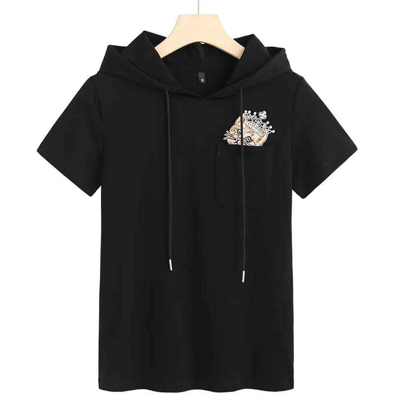 

2021 spring and summer new ins super fire hooded T-shirt women's niche design Beaded hooded cat short sleeve 6801