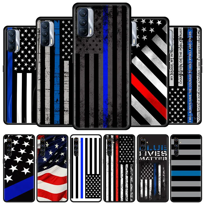 

Thin Blue Line US Flag Call Phone Case For Realme 8 C21 6 Pro 7 C3 GT Master XT C11 2021 5 C15 C12 X50 5G X7 V13 C21Y Cover Capa
