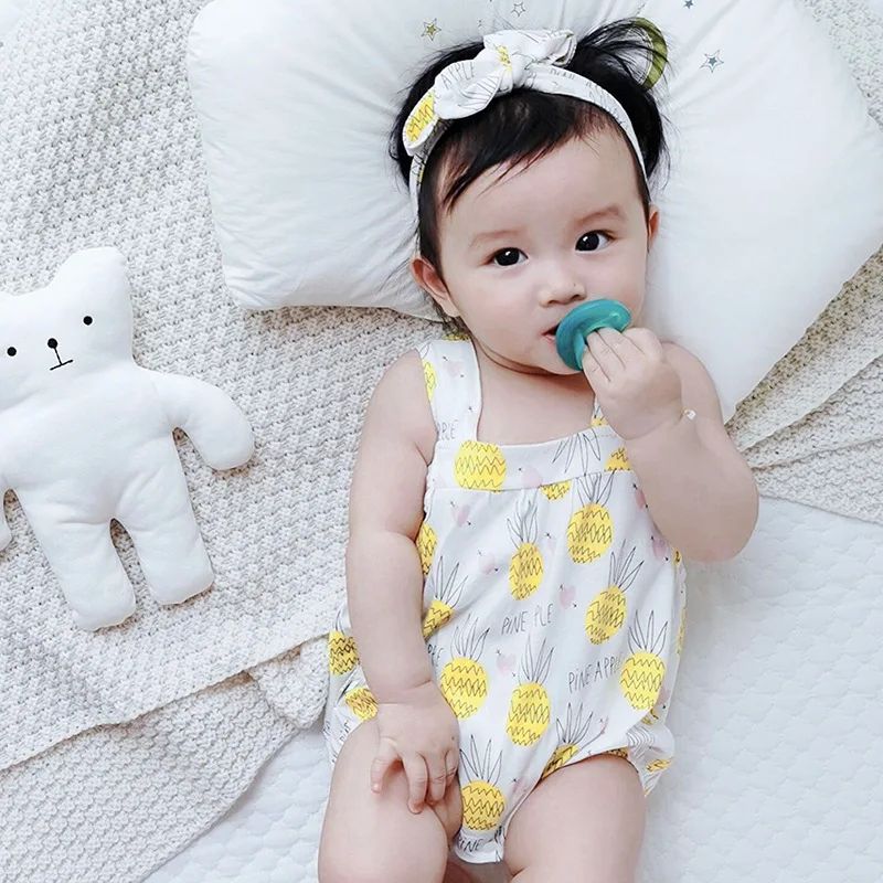 

2020 Watermelon Pineapple Print Summer Newborn Baby Girl Clothes Spaghetti Sleeveless Romper Bodysuit Jumpsuit+Headband Outfits