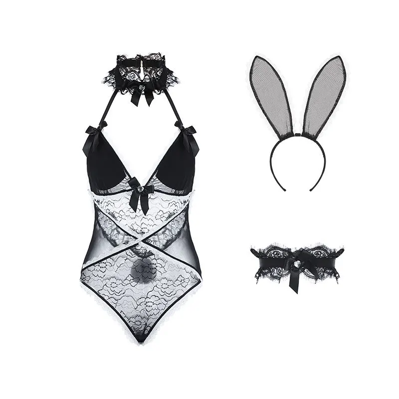 

Sexy Bunny Girl Black Cosplay Costumes With Cute Rabbit Tail Transparent Charming Bodysuit Headband Legring 3pcs Set Outfit