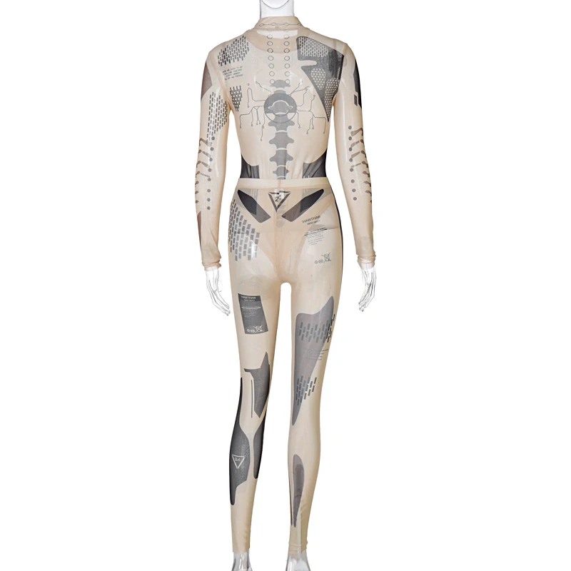 

Dulzura Mesh Women 2 Piece Set Long Sleeve Bodysuit High Waist Pants Sheer See Through Bodycon Sexy Streetwear Tracksuit Casual