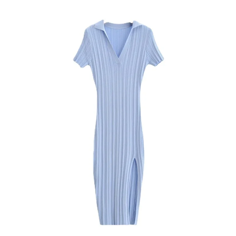 

Women's fashion Lapel short sleeve pit strip slim and versatile casual split length dress