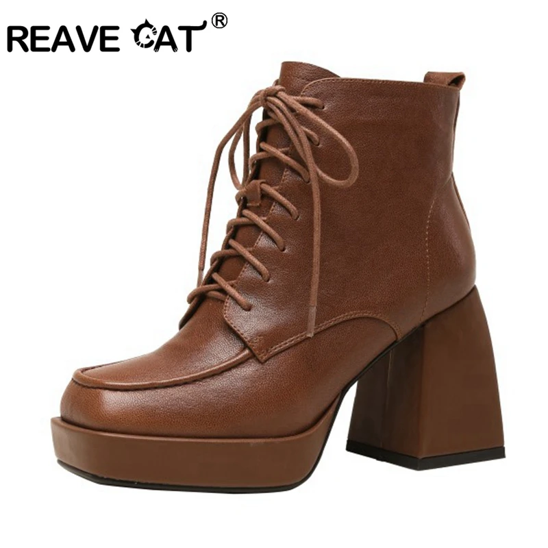 

REAVE CAT Ankle Boots Rock Shoes Woman Lace Up Genuine Leather Booties Fashion Ladies High Heel Microfiber Lace-Up Cross-tied