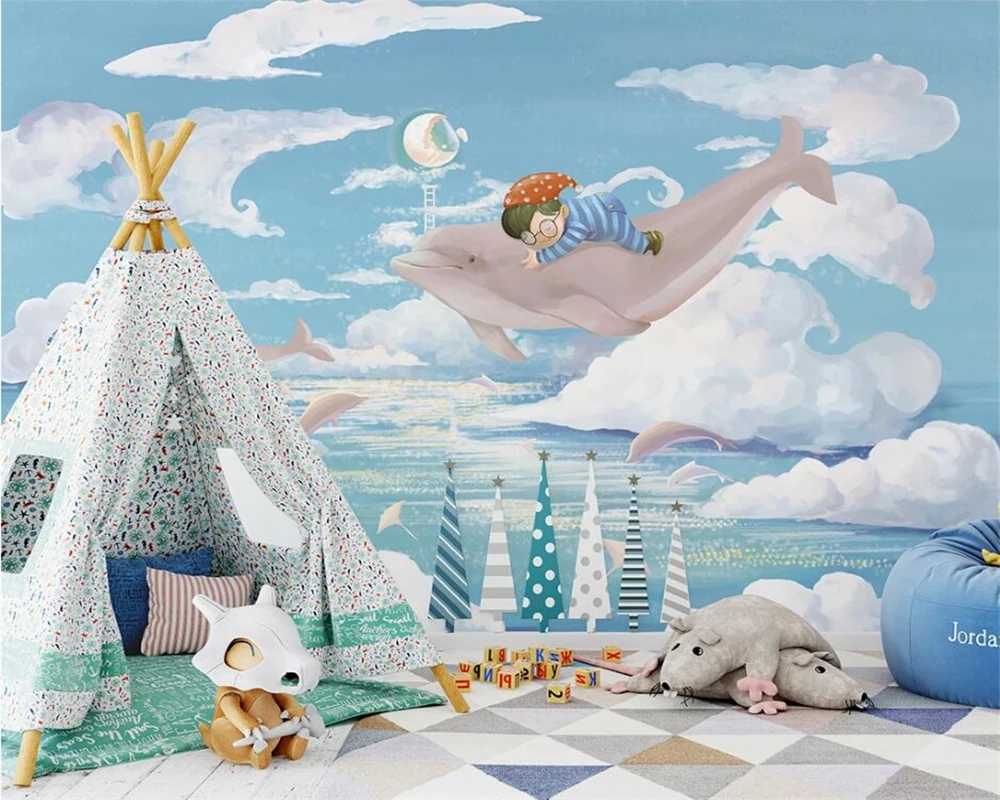 Обои для детской комнаты в скандинавском стиле с изображением дельфина |