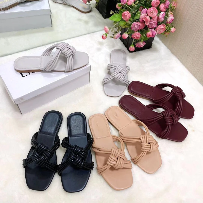 

2021 Summer New Women's Sandals Fashion Outdoor Women's Shoes Flat Solid Color Woven Slippers Plus Size 41