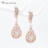 sz design fashion hollow water drop zirconia dangle earrings retro 585 rose gold irregularly grid earrings for women jewelry