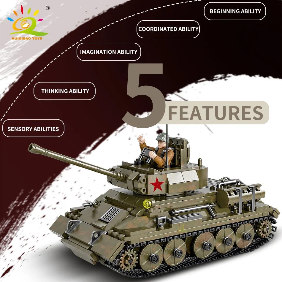 Конструктор HUIQIBAO 854 шт. военная модель WW2 T-34 средний танк с 3 фигурками солдат