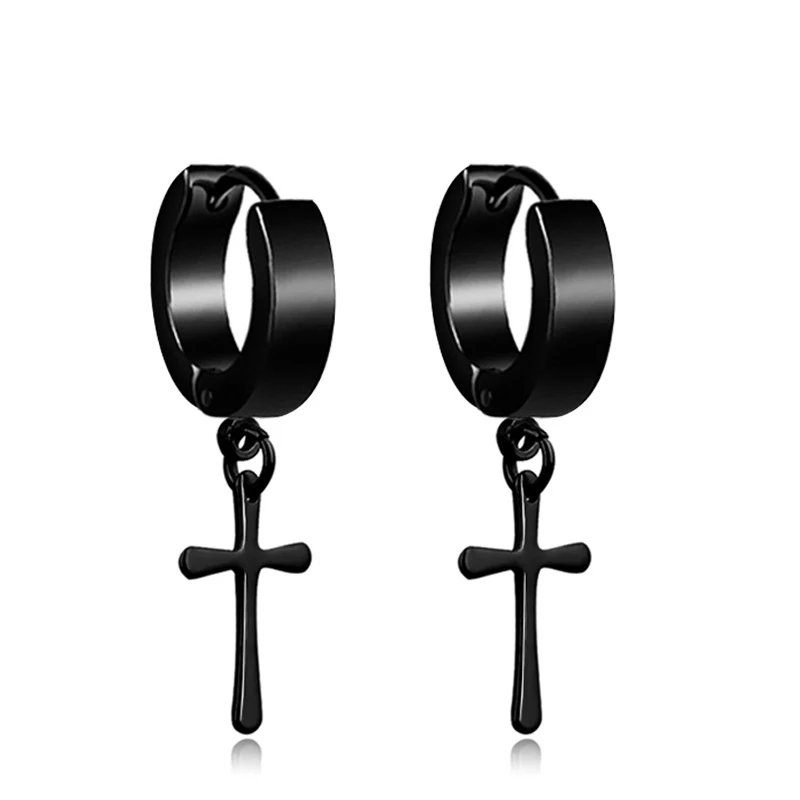 

Stainless Steel Black Stud Earrings CZ Crystal Cross Round for Men Women Huggie Earring Ear Piercing Set Hoop