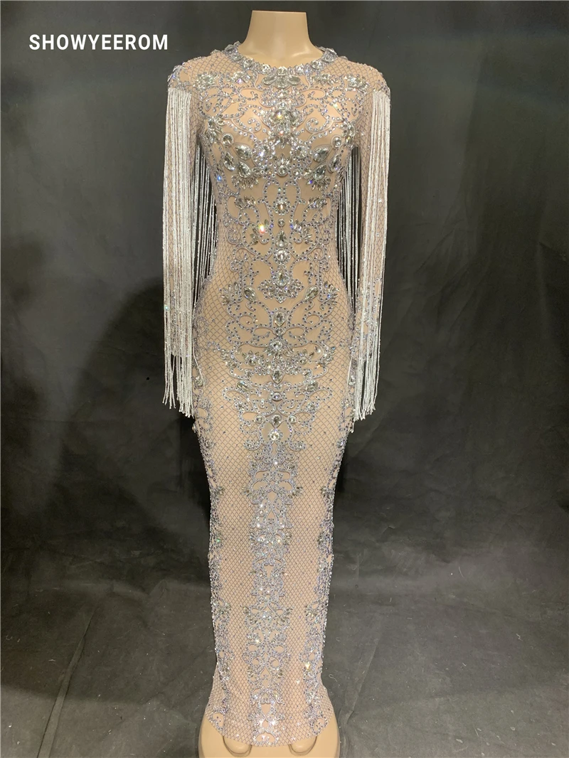 Женское прозрачное Сетчатое длинное платье с блестящими кристаллами вечернее