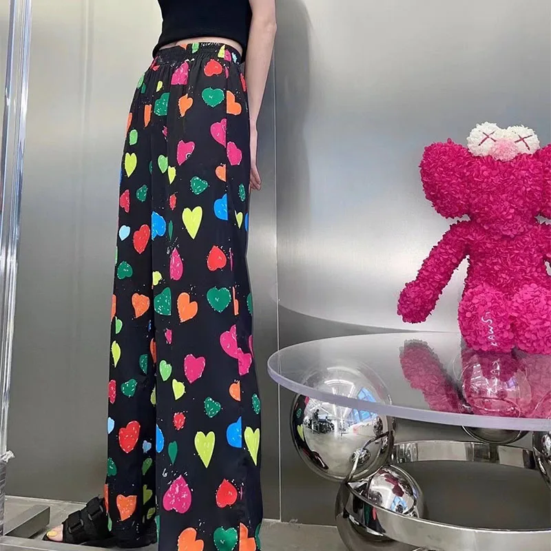 

2021 Summer Woman's Wide Leg Pants Colorful Dazzling Love Loose Long Pants Chiffon Smooth Hign-End Pants