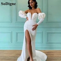 sodigne high side split long sleeves mermaid prom dresses sweetheart evening gowns lace up back satin plus size formal gowns