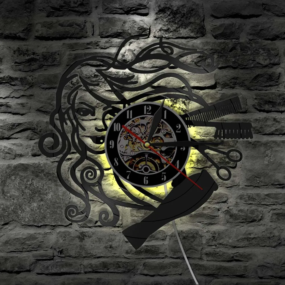 Барбершоп виниловая запись светодиодный настенные часы современный дизайн