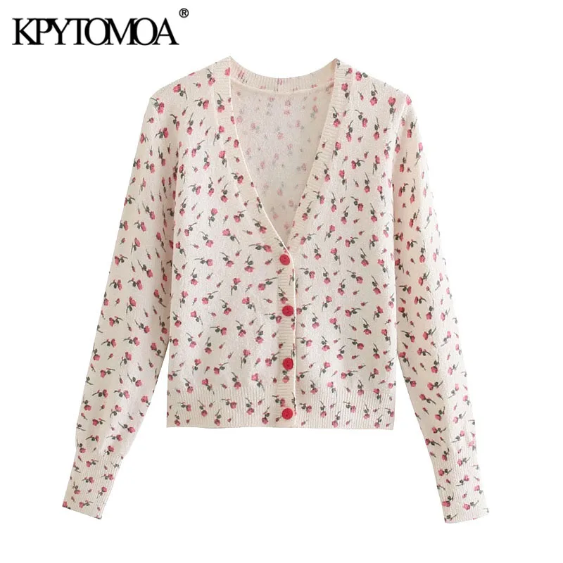 

KPYTOMOA Women Fashion Floral Jacquard Cropped Knitted Cardigan Sweater Vintage Long Sleeve Female Outerwear Chic Tops