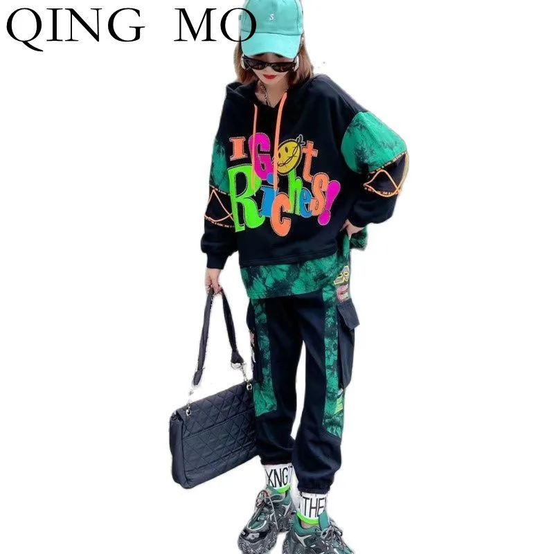 

QING MO 2021 Autumn Fashion Tie Dye Letter Printing Loose Women Sets Hooded Sweatshirt + Casual Trousers Two Piece ZWL839