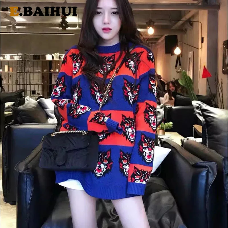 

EBAIHUI более Размеры d свитер Ins Корейская свободная осень-зима пары носить на улице свитер жаккардовый пуловер размера плюс Размеры свитера
