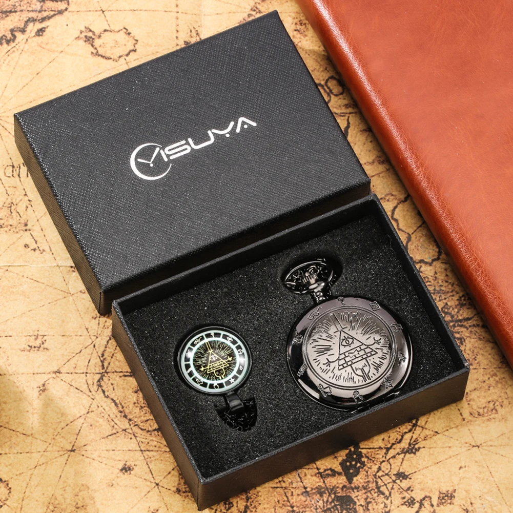 Practical Pocket Watch Suit Chic Black Pattern Birthday Gift for Son Boyfriend Men's Quartz Watch Pendant Accessory Kit