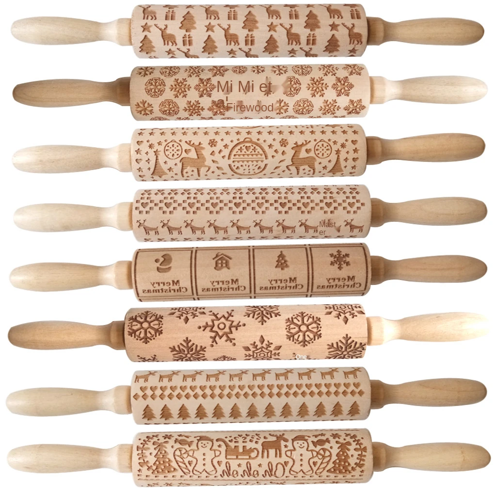 

Christmas Embossed Rolling Pin Wood Carved Cookies Biscuit Fondant Dough Baking Engraved Printed Roller Holiday Gifts embossed
