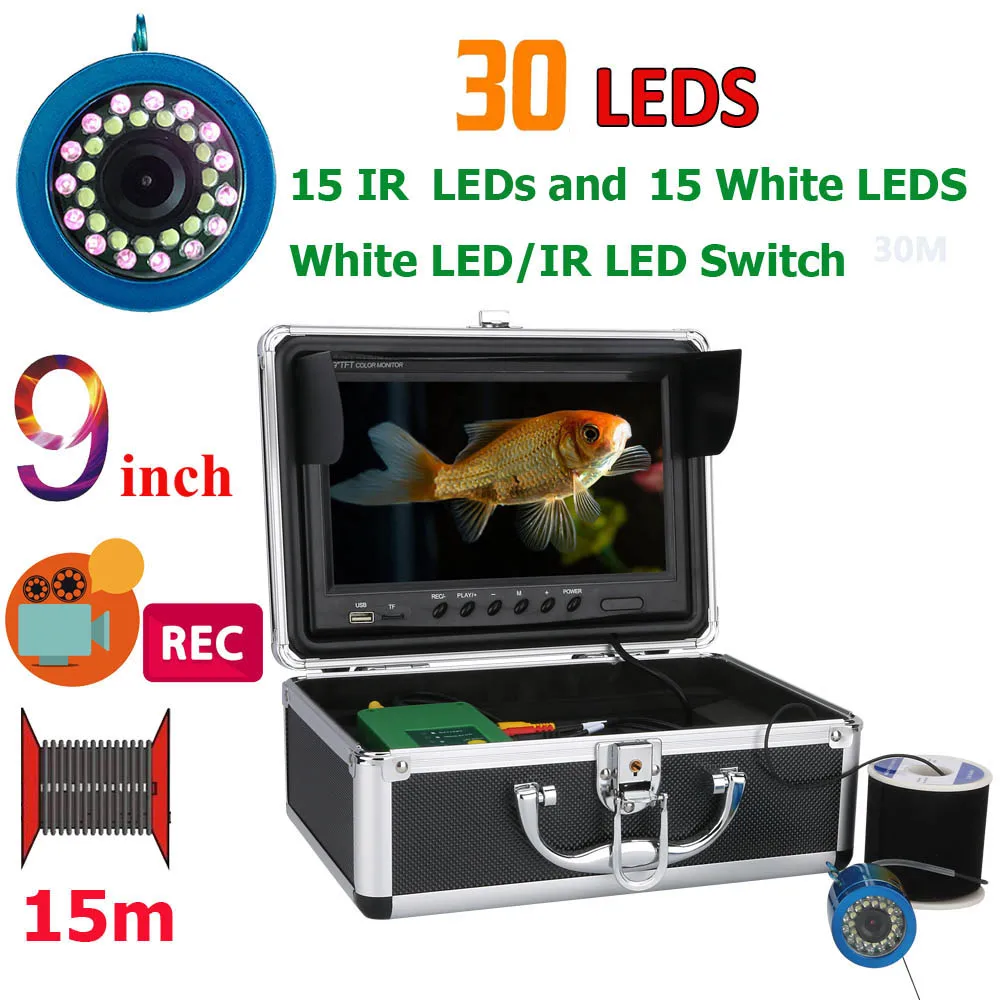 

9" Inch DVR Recorder 15M 1000TVL Fish Finder Underwater Fishing Camera 15pcs White LEDs + 15pcs Infrared Lamp For Ice/Sea/River