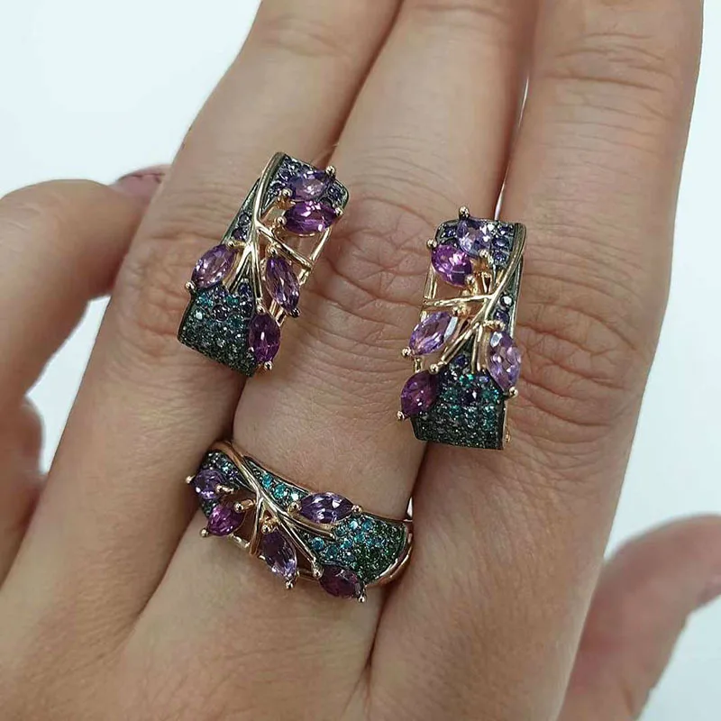

2020 Fashion Zircon Animals Leaf Shape Jewelry Sets For Women Exquisite Earrings Rings Bohemian Wedding Bride Accessories Mujer
