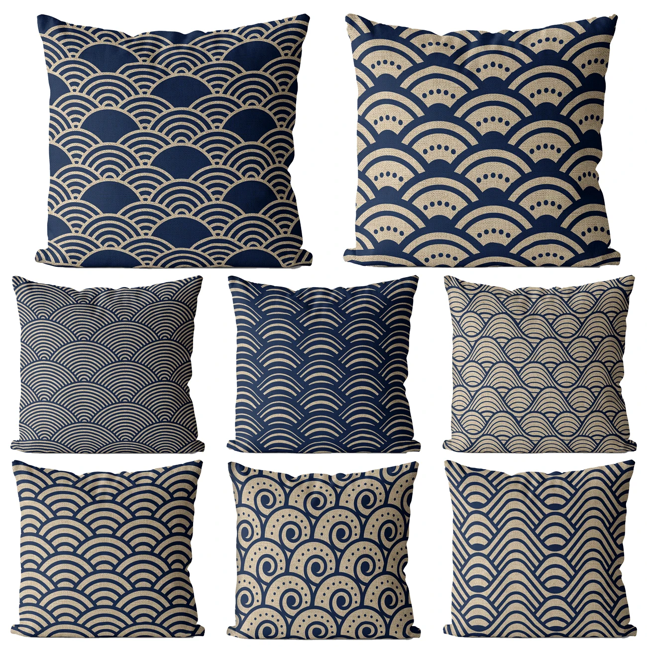 Декоративная льняная наволочка 45x45 с японским волнистым узором - купить по