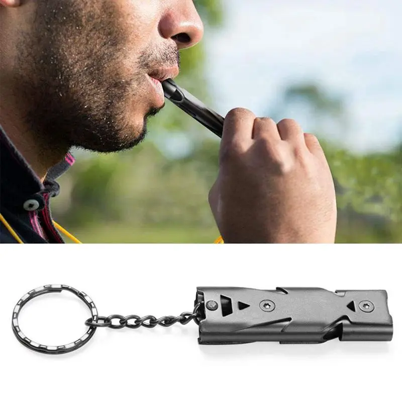 Двойная трубка OutdoorWhistle, нержавеющая сталь свисток с брелоком для пеших прогулок, кемпинга(2 шт, черный и серый