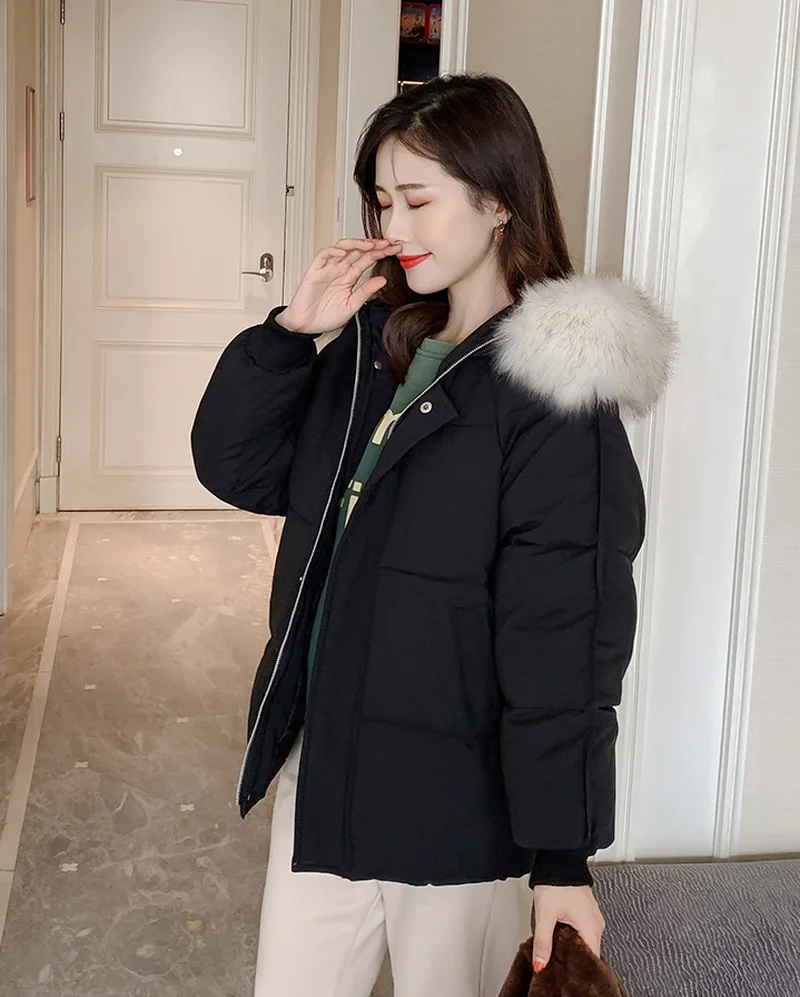 Loose Fur Collar Parkas Women Autumn Winter Thick Warm Down Coats Solid Color Zippers Hooded Outwear Urban Women Commute Jackets