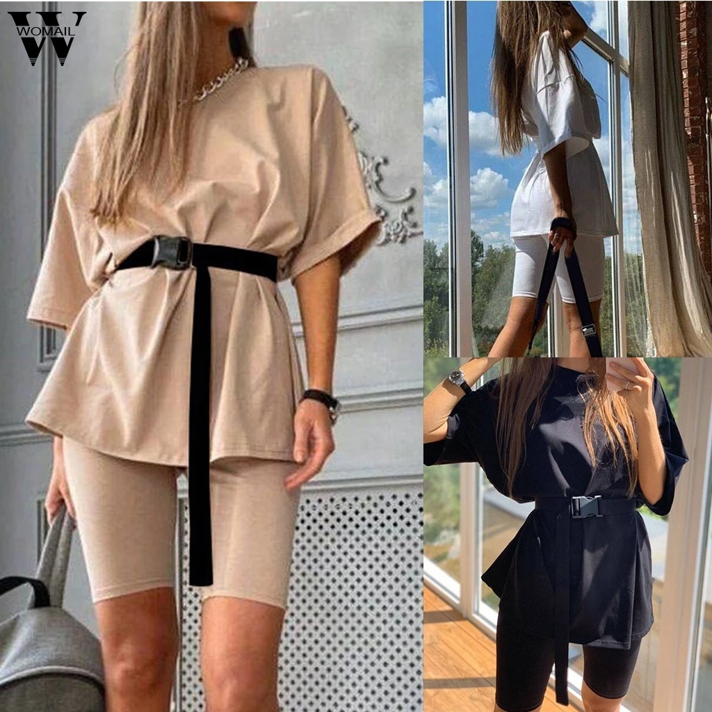 

Womail, спортивный костюм для женщин, летний, на пуговицах, для офиса, милый комплект, футболка, топы + полосатые мини шорты, костюм с поясом, элег...