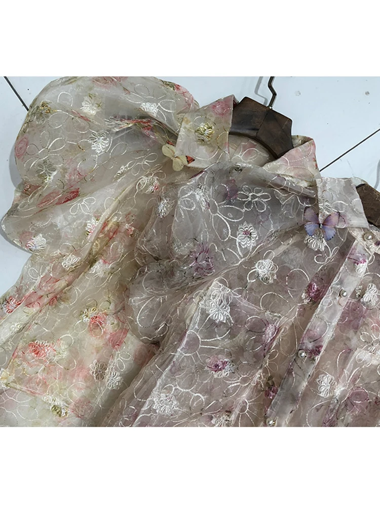 Женская тонкая рубашка из органзы с рукавами-фонариками и вырезами в стиле ретро