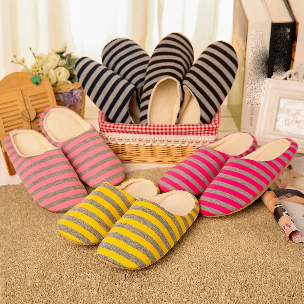 

Woman's Slippers Warm Home Plush Soft Stripe Slippers Anti-slip Winter Floor Home Indoor Bedroom Non-Slip Soft Cotton Shoes