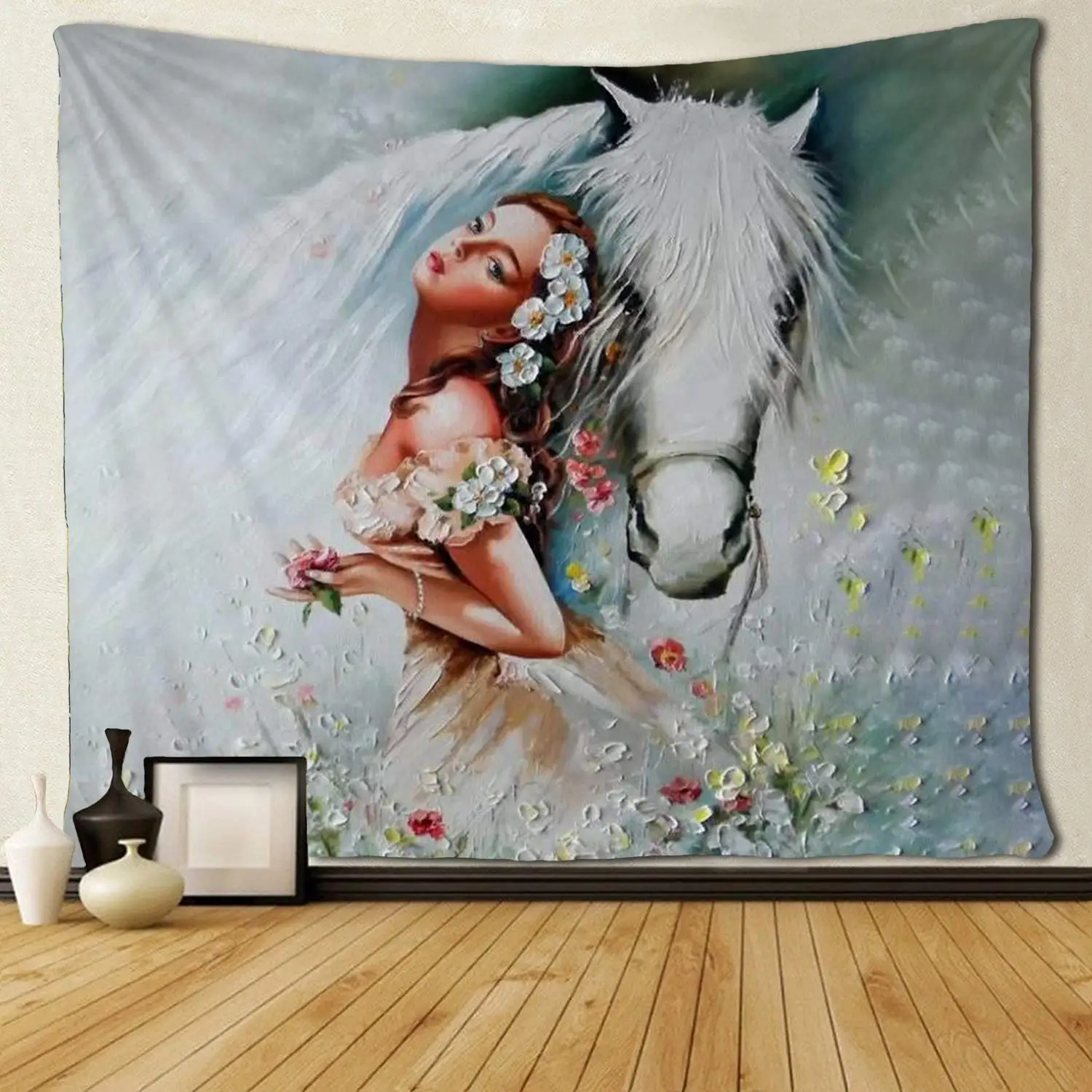 

Flower Girl and White Horse Art Tapestries,Wall Art Decoration