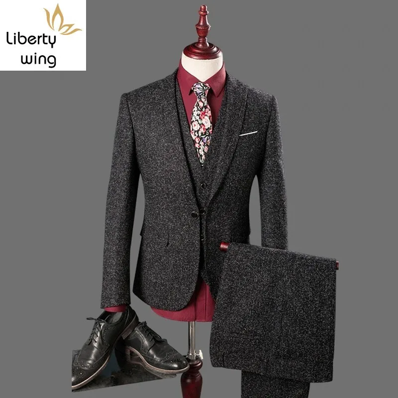 Мужской твидовый пиджак приталенный Повседневный серый на одной пуговице + брюки